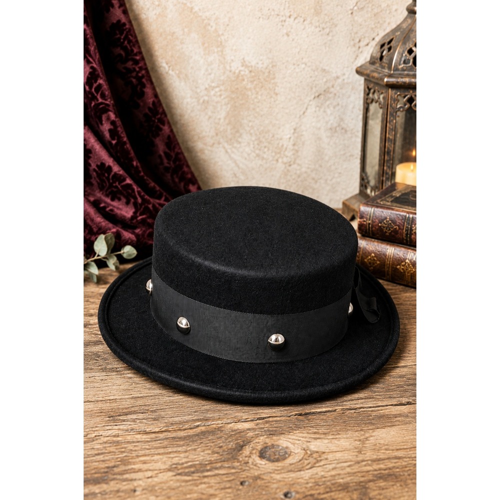Vintage Black Wool Felt Boater‎ Made in Italy Studded Ribbon Band Steampunk Hat
